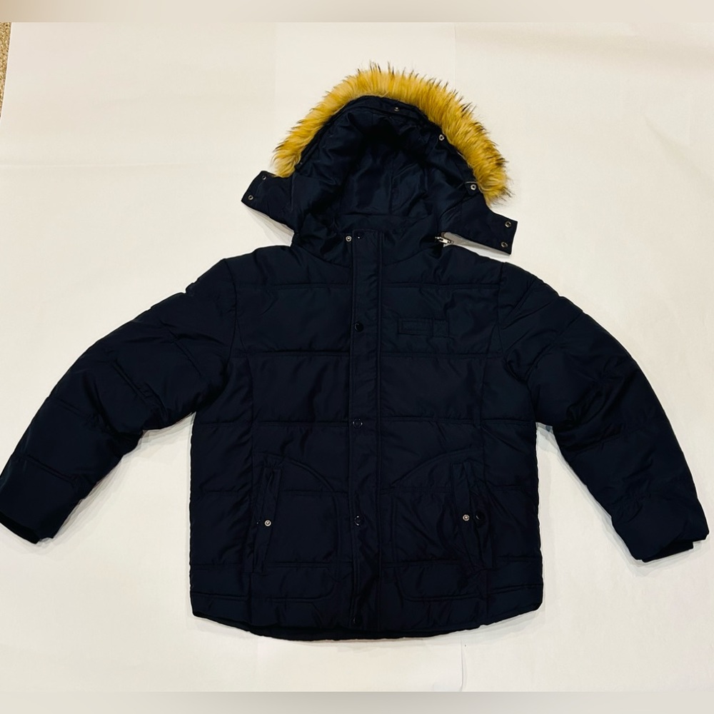 Wantdo Men's Winter Quilted Padded Jacket Sz XL with Faux Fur Hood Navy Blue